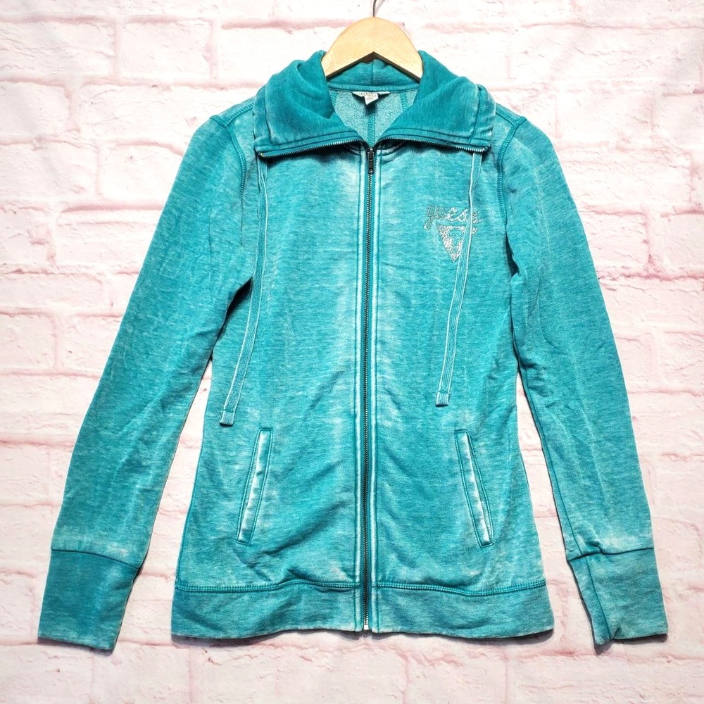 Guess Sweatshirt Jacket Womens Medium Teal Full Zip Funnel‎ Neck Rhinestone Logo
